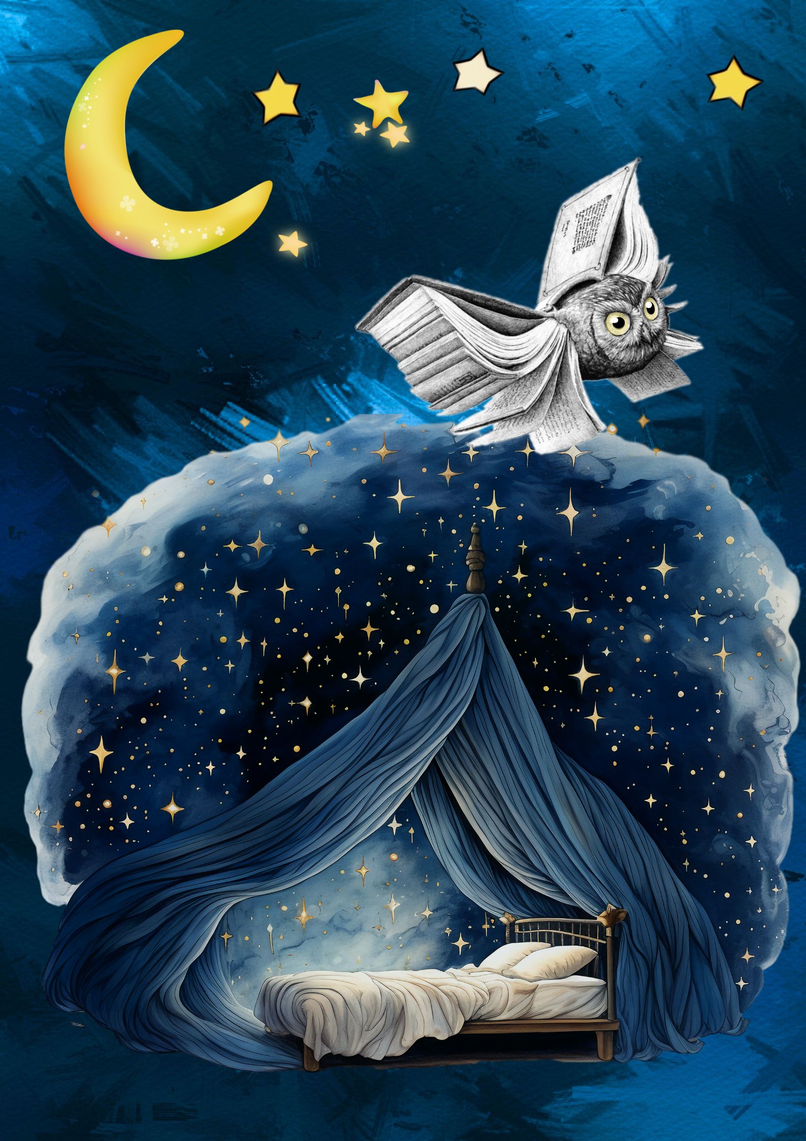 AFFICHE AVEC CHOUETTE ET LUNE DANS LA NUIT