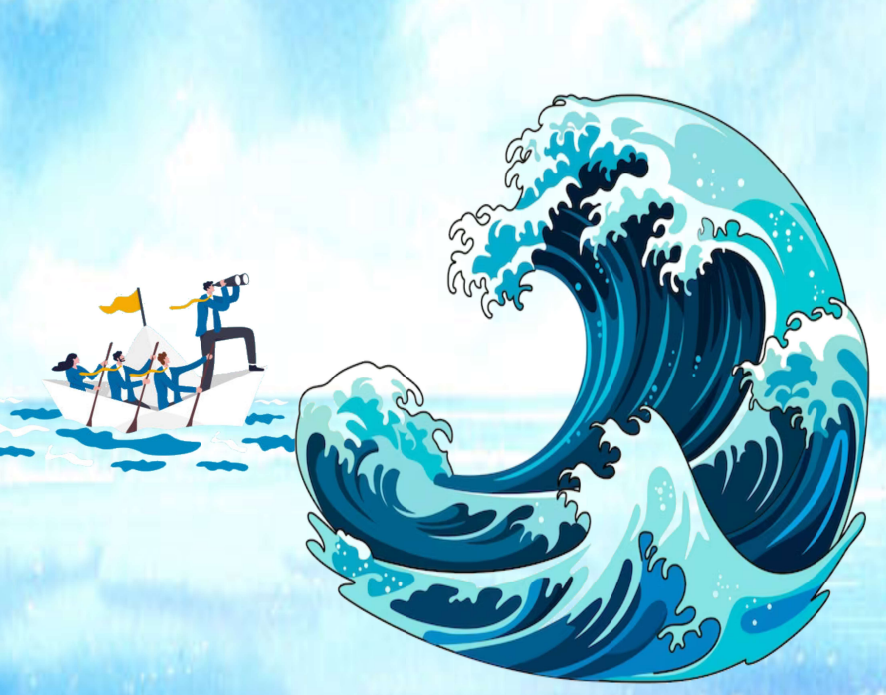 Affiche de l'animation avec personnages sur la mer et la vague d'hokhusai