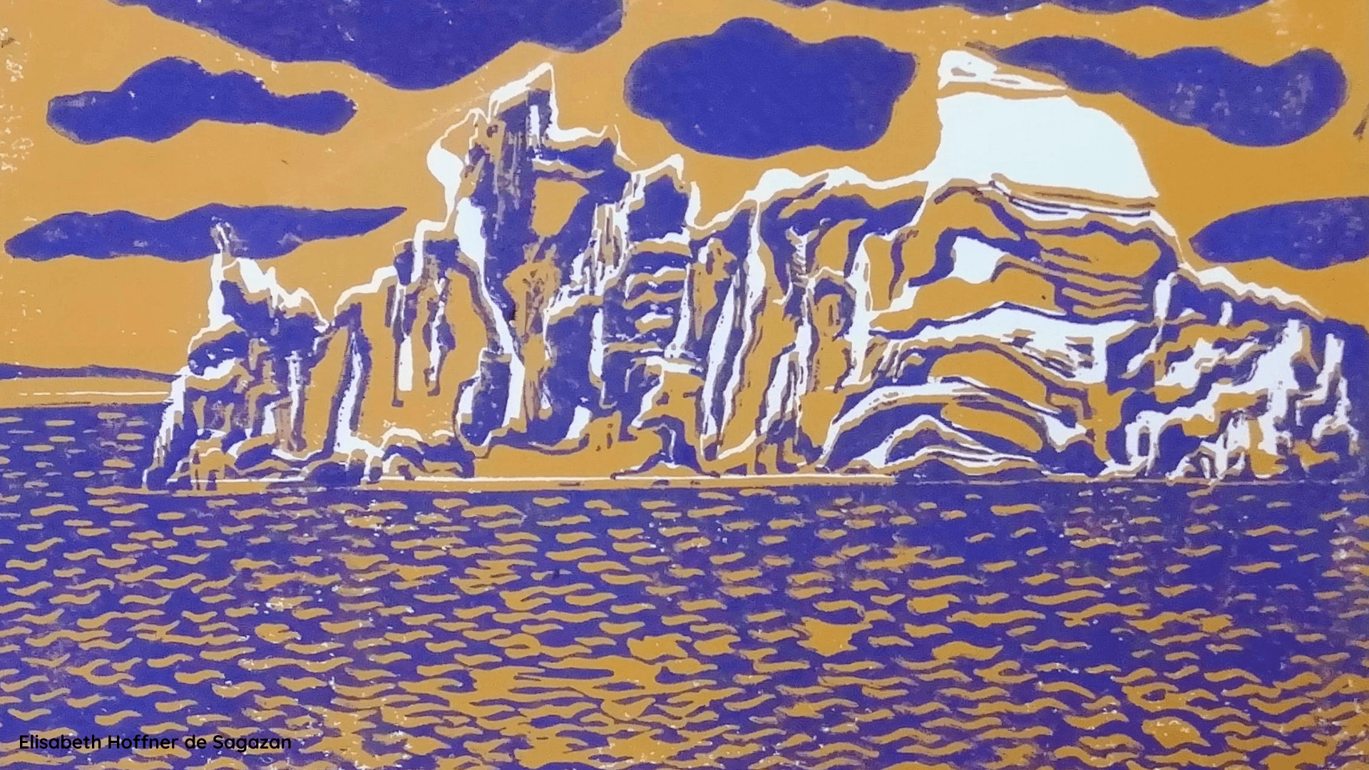 Linogravure jaune et bleue représentant le rocher de roc'h ar mor