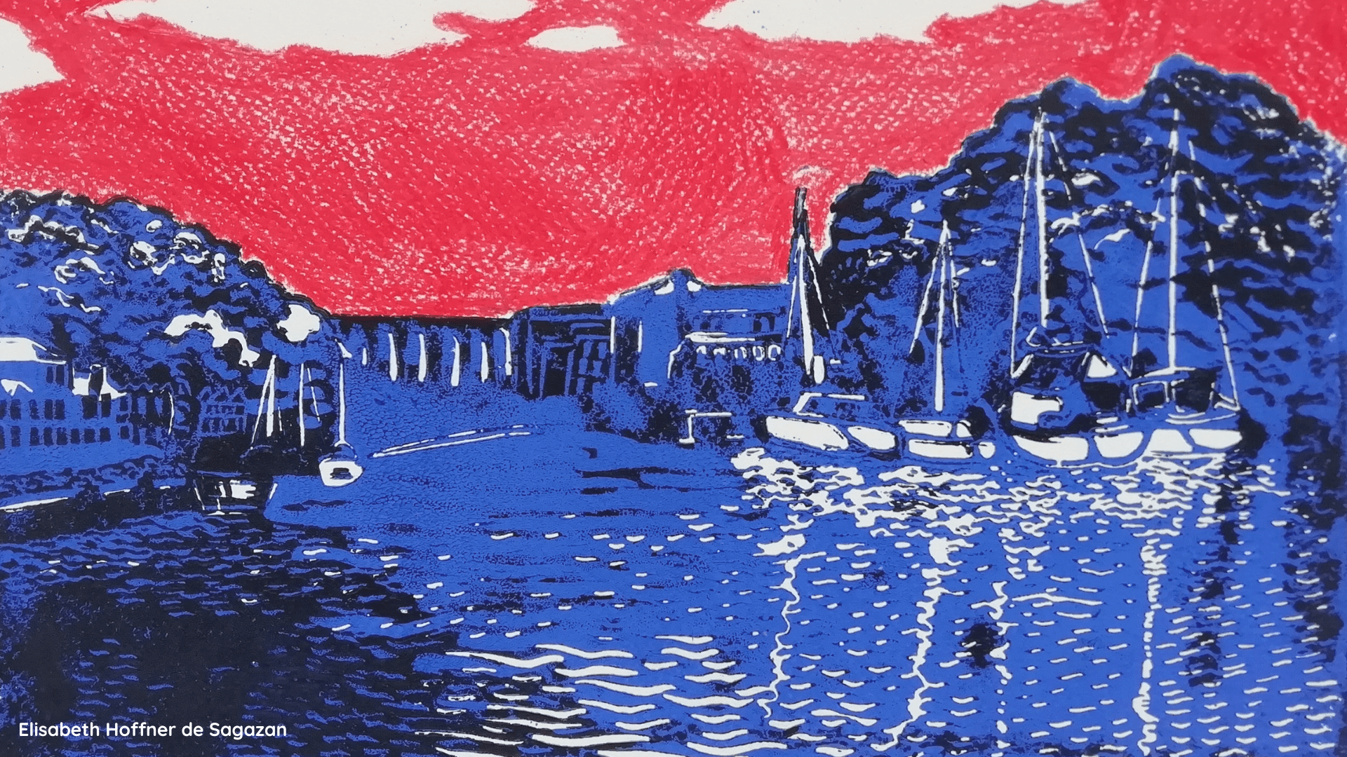 Linogravure bleue et rouge représentant Morlaix et son viaduc