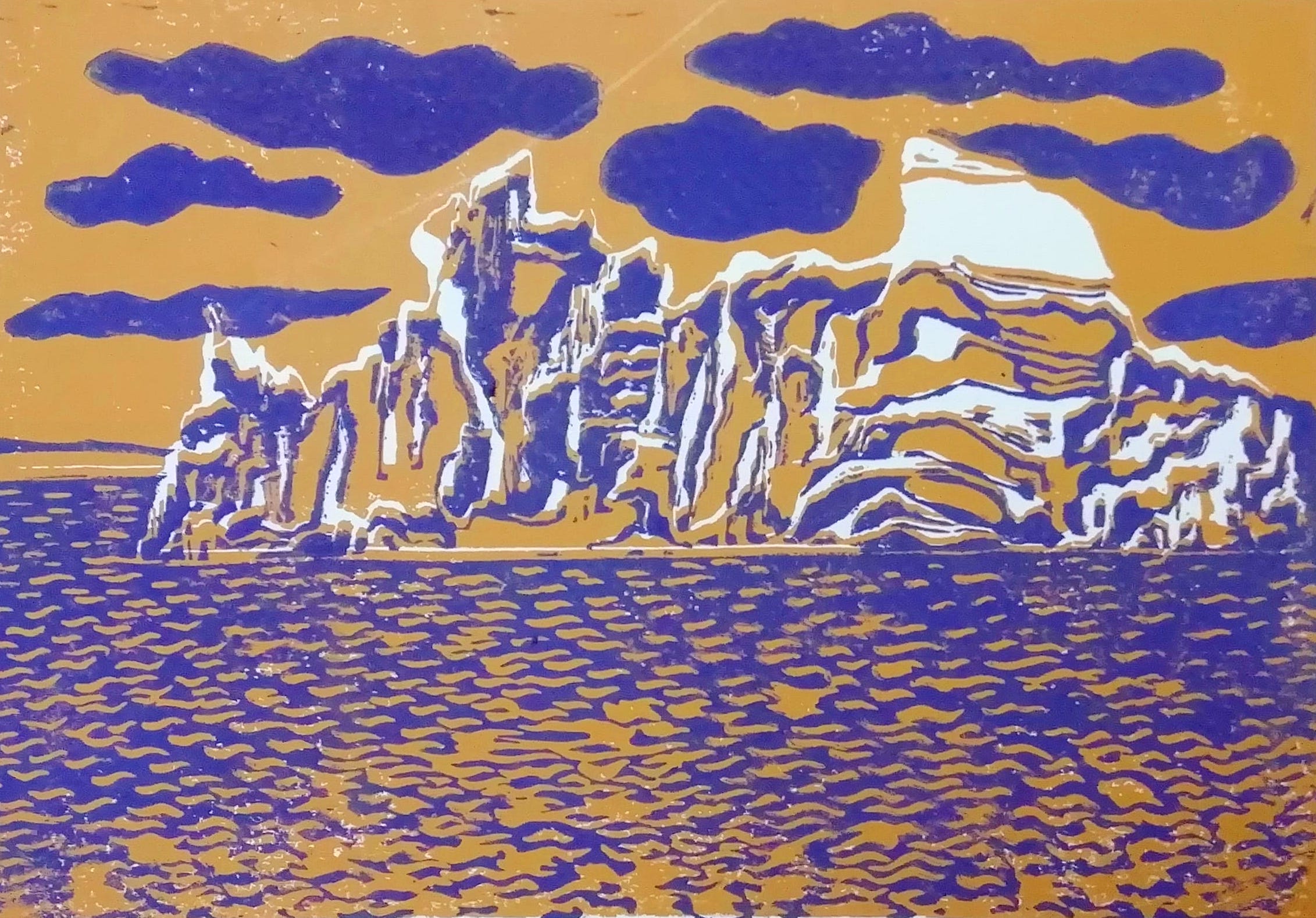 Linogravure jaune et bleue de Roc'h ar Mor