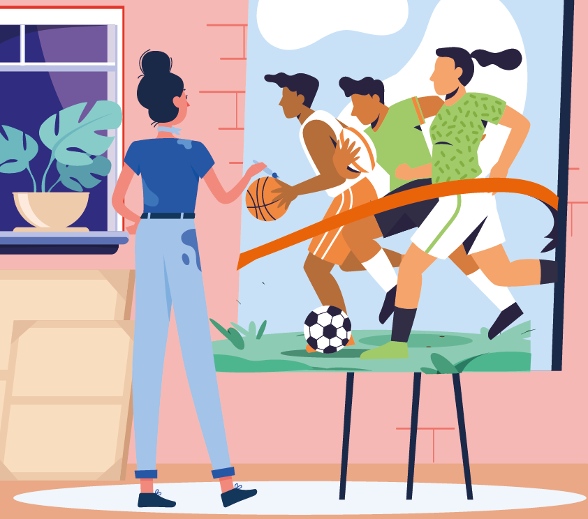 une femme peint des sportifs sur une toile