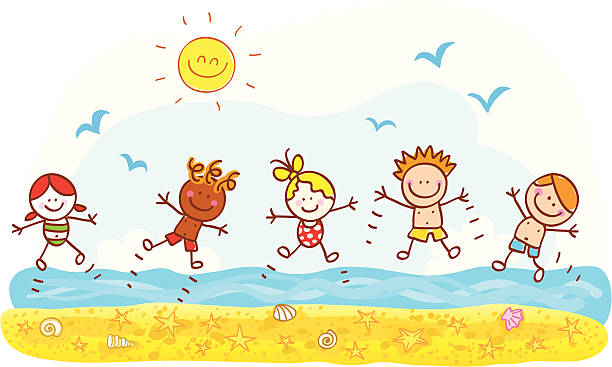 5 dessins d'enfants sautant sur une plage