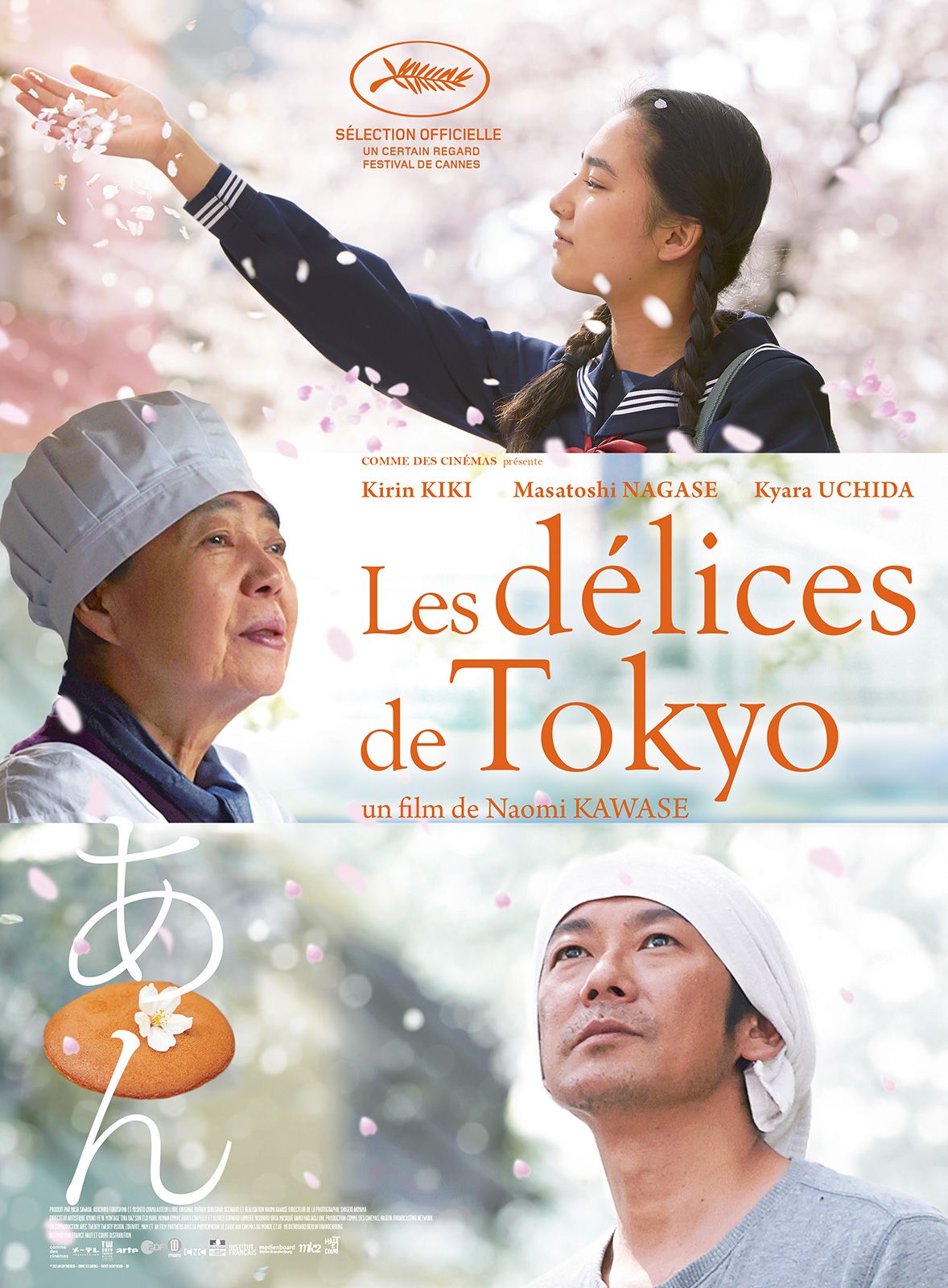 Affiche film les délices de Tokyo avec cerisiers en fleurs  et portrait personnages principaux