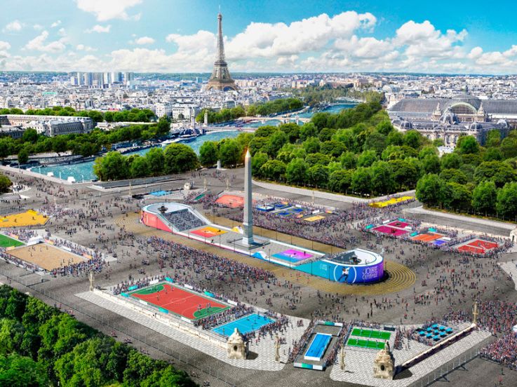 VUE AERIENNE PARIS AVEC FOULE ET COULEURS JO