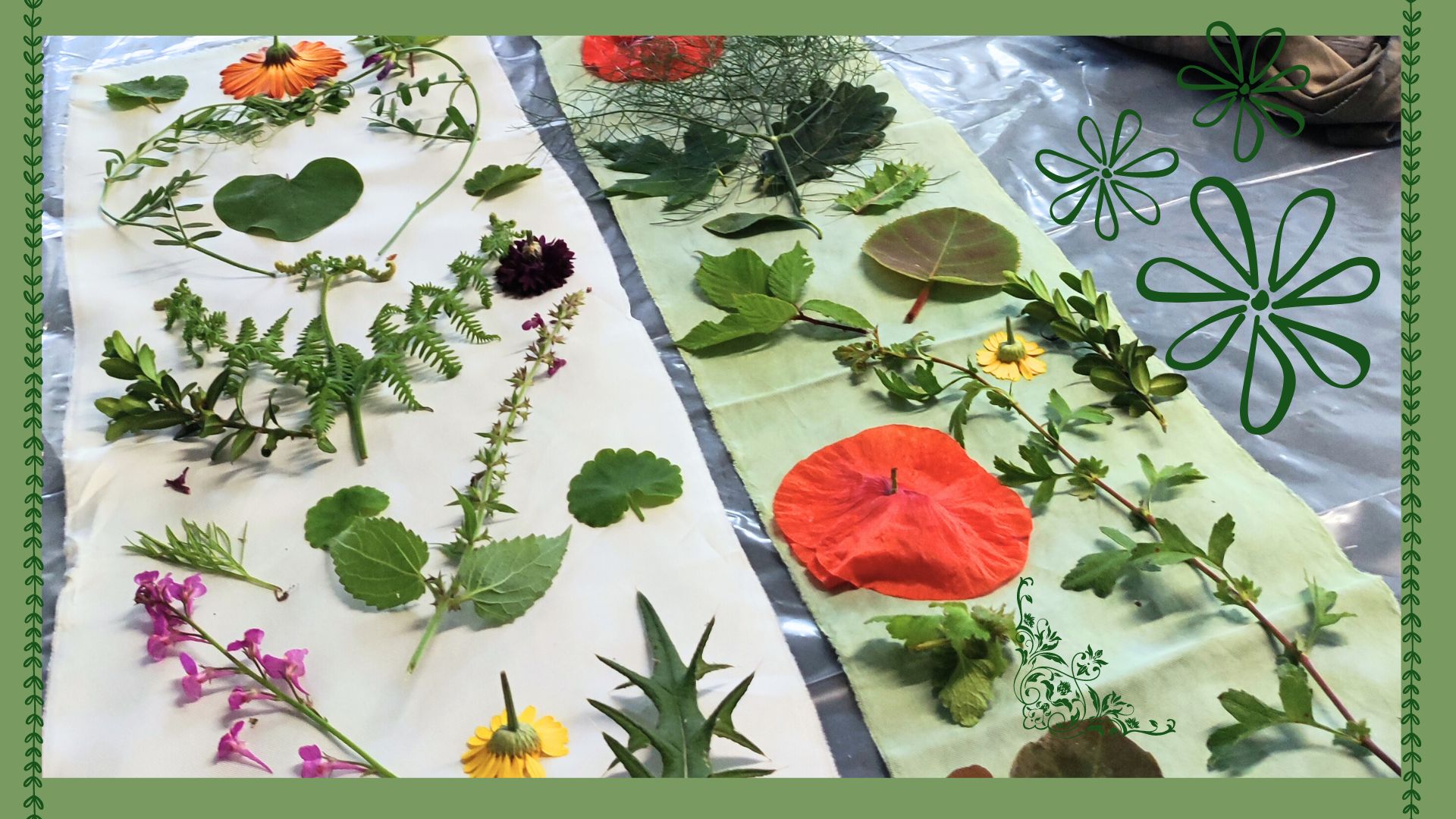 des fleurs et des plantes posées sur du tisssu