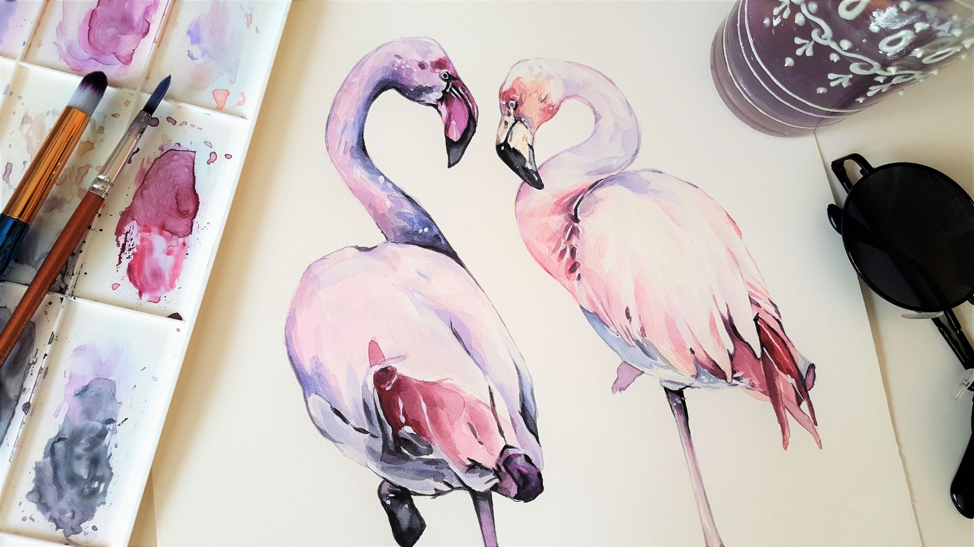 Des flamants roses à l'aquarelle
