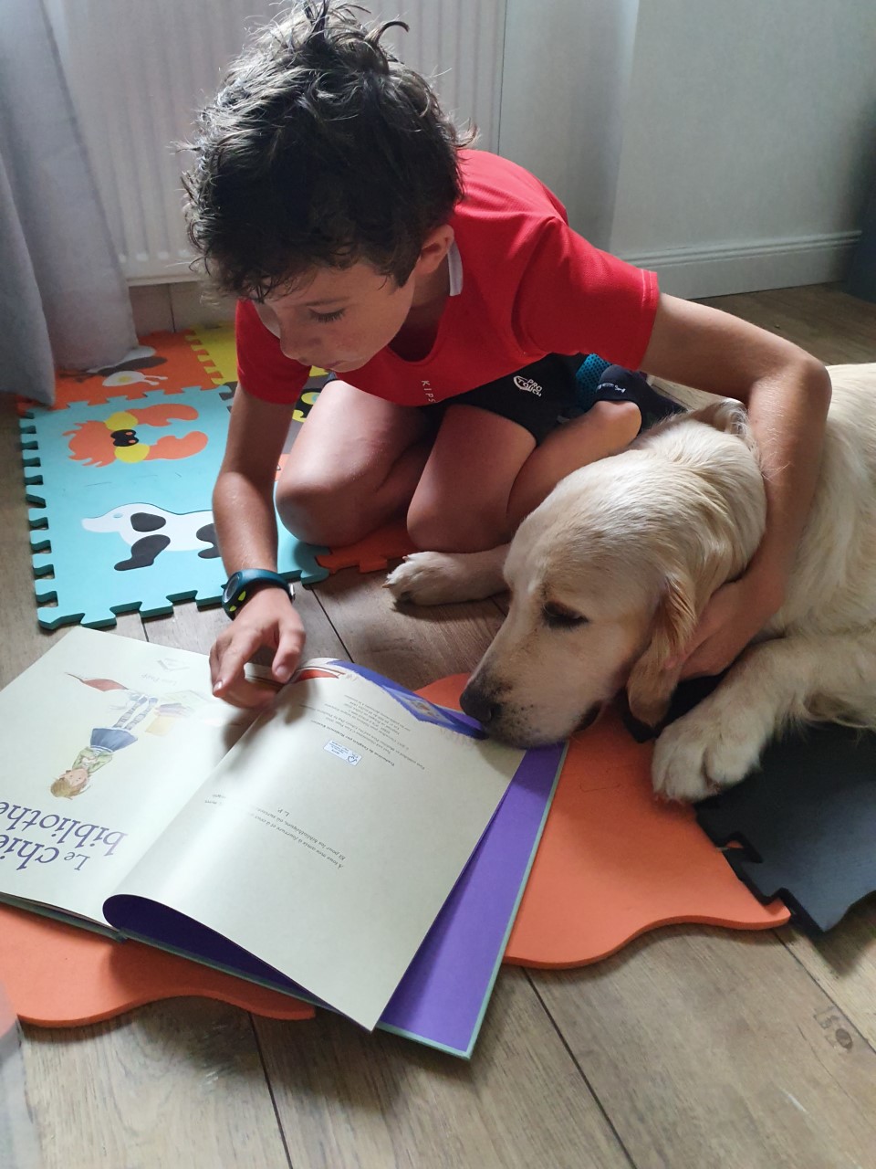 Enfant qui lit à un chien