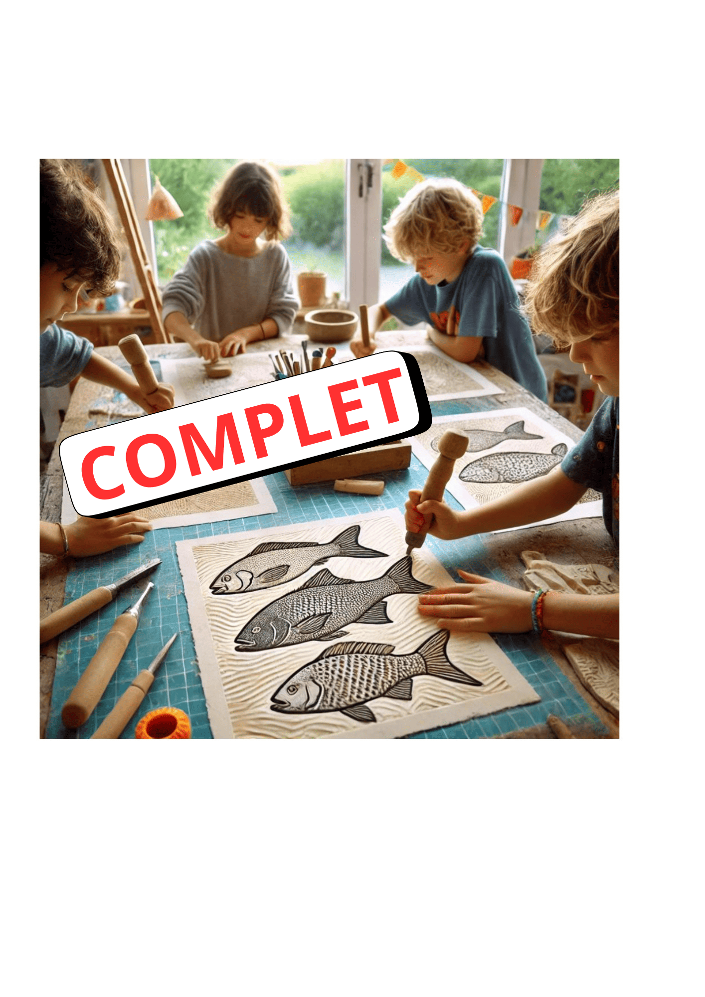 des enfants gravent des poissons sur bois