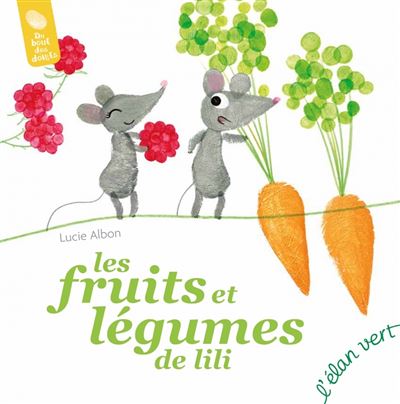 couverture d'un livre avec des fruits et des légumes et une souris grise