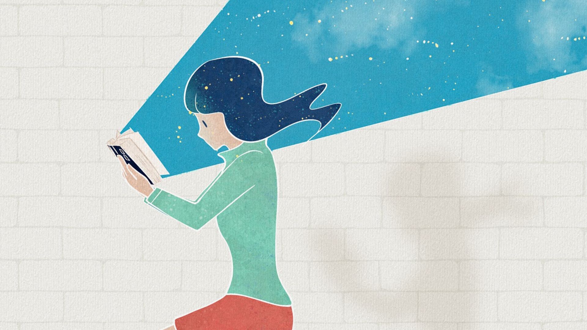 femme ouvrant un livre avec ciel étoilé