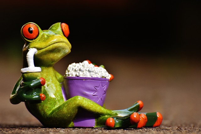 grenouille assise buvant une boisson et tenant un paquet de pop-corn