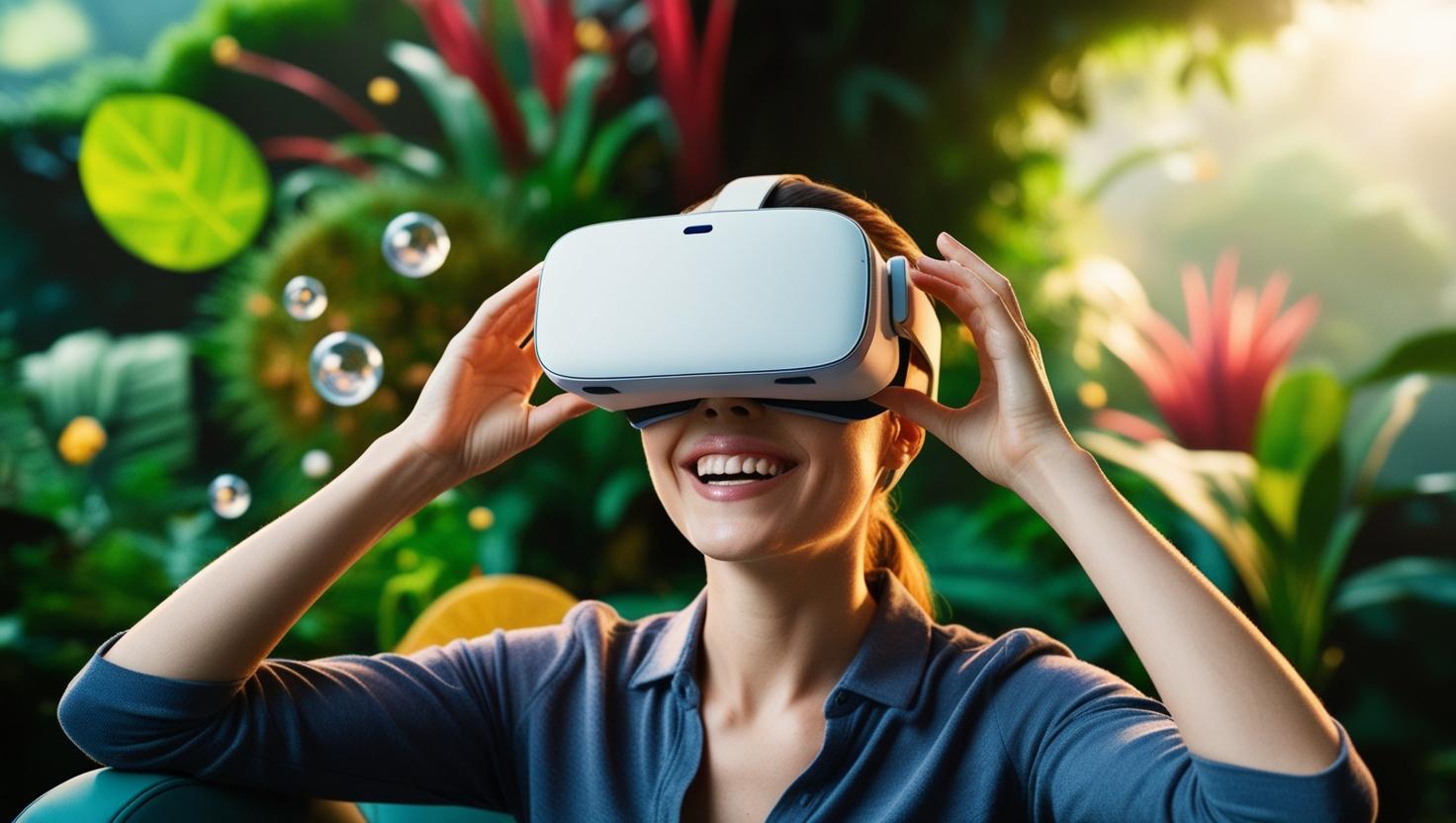 une femme avec un casque VR en foret