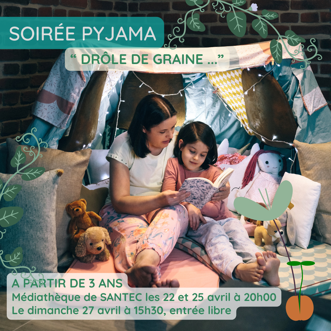 Affiche avec enfant en pyjama et sa mère lui racontant une histoire