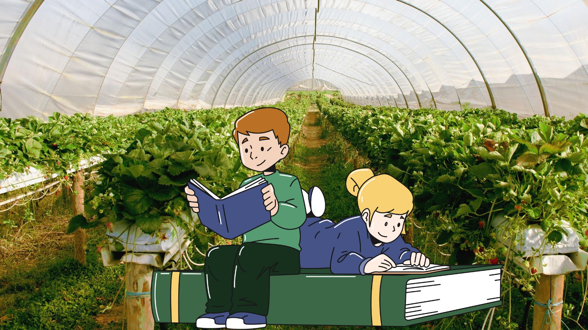 enfants en train de lire dans une serre