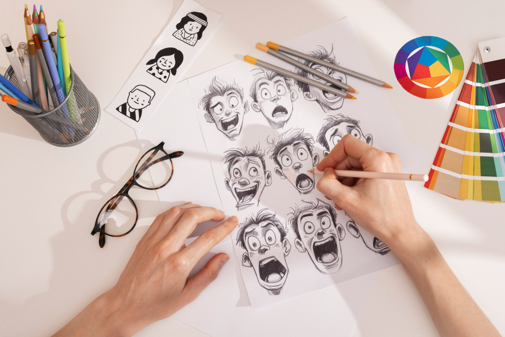 une personne dessine plusieurs tête d'un personnage avec différentes émotions