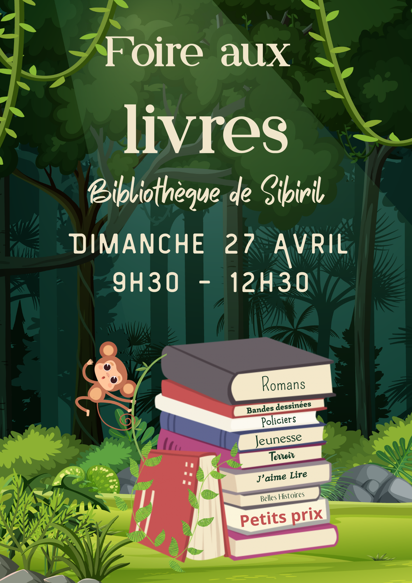Affiche foire aux livre avec pile de livres dans la nature et petit singe qui monte sur la pile