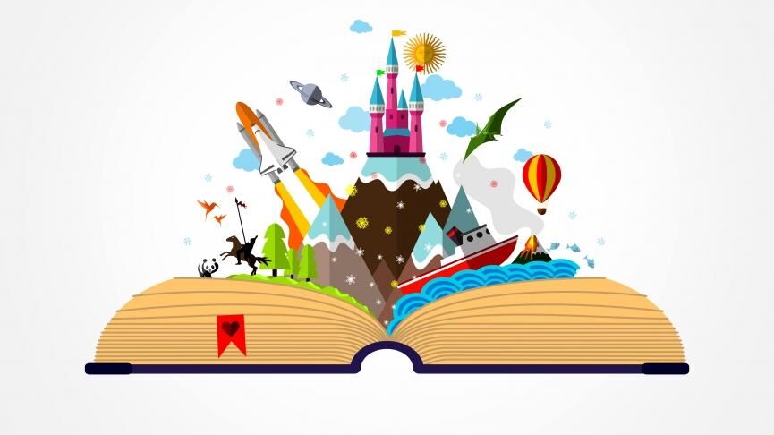 livre ouvert avec des objets qui sortent dans tous les sens