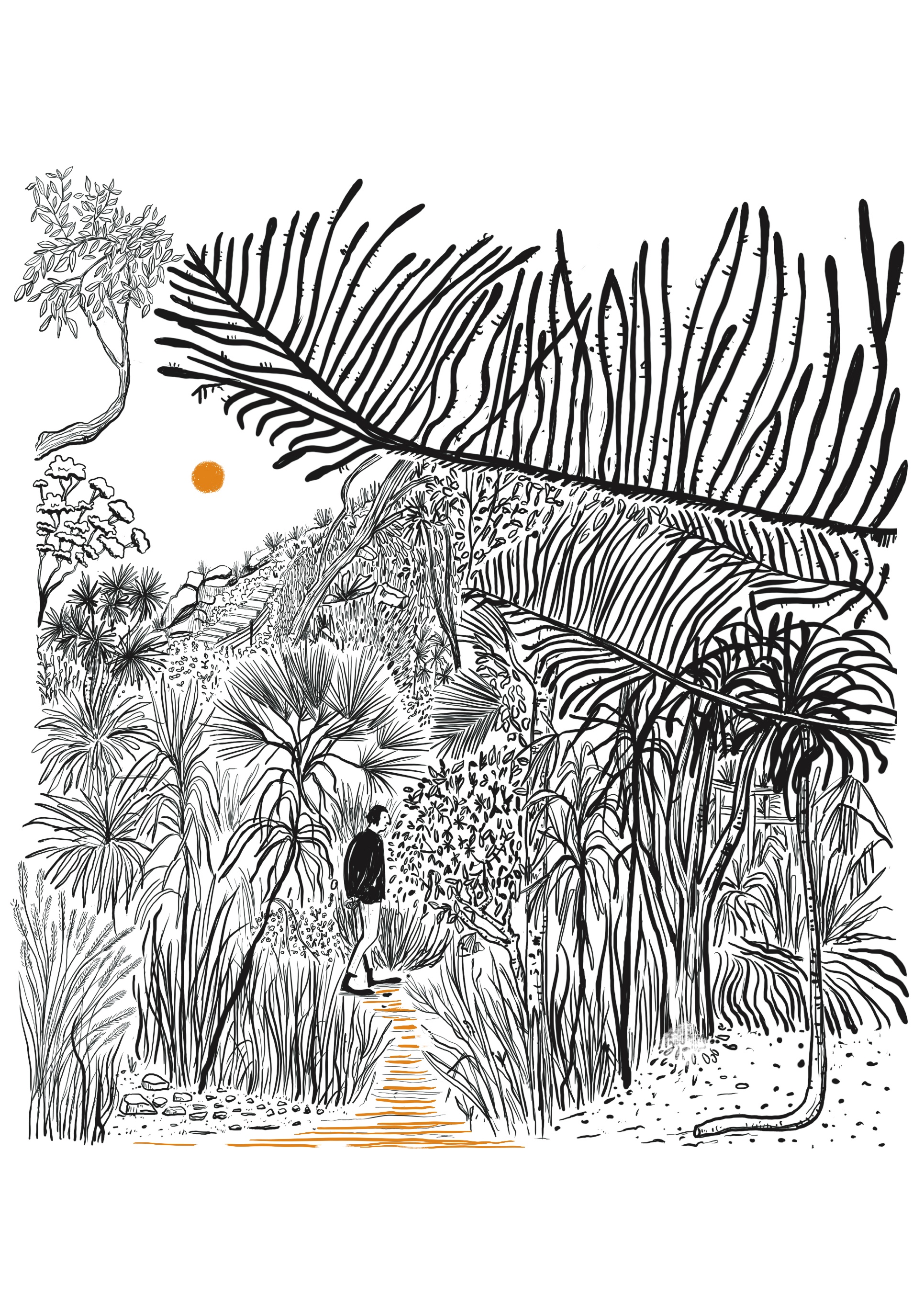 Illustration en noir et blanc de l'artiste Tataninig représentant une personne marchant dans une forêt