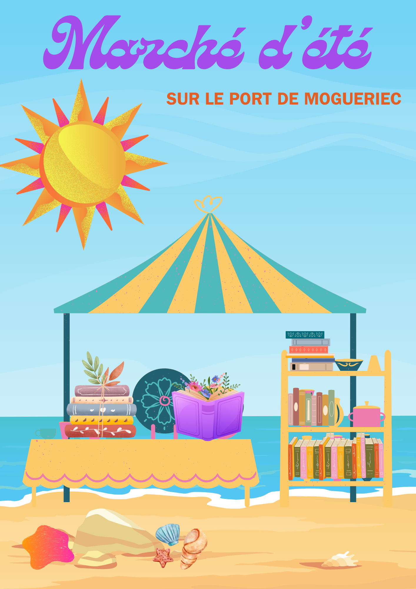 AFFICHE AVEC STAND DE MARCHE CONTENANT DES LIVRES SUR UNE PLAGE