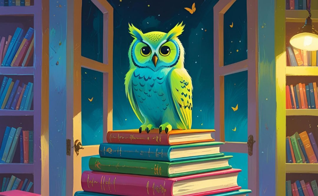 une chouette fluorescente est assise sur une pile de livres colorés