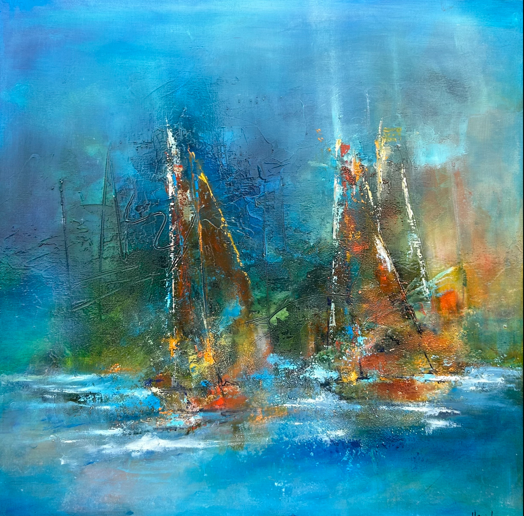 peinture représentant la mer et deux bateaux