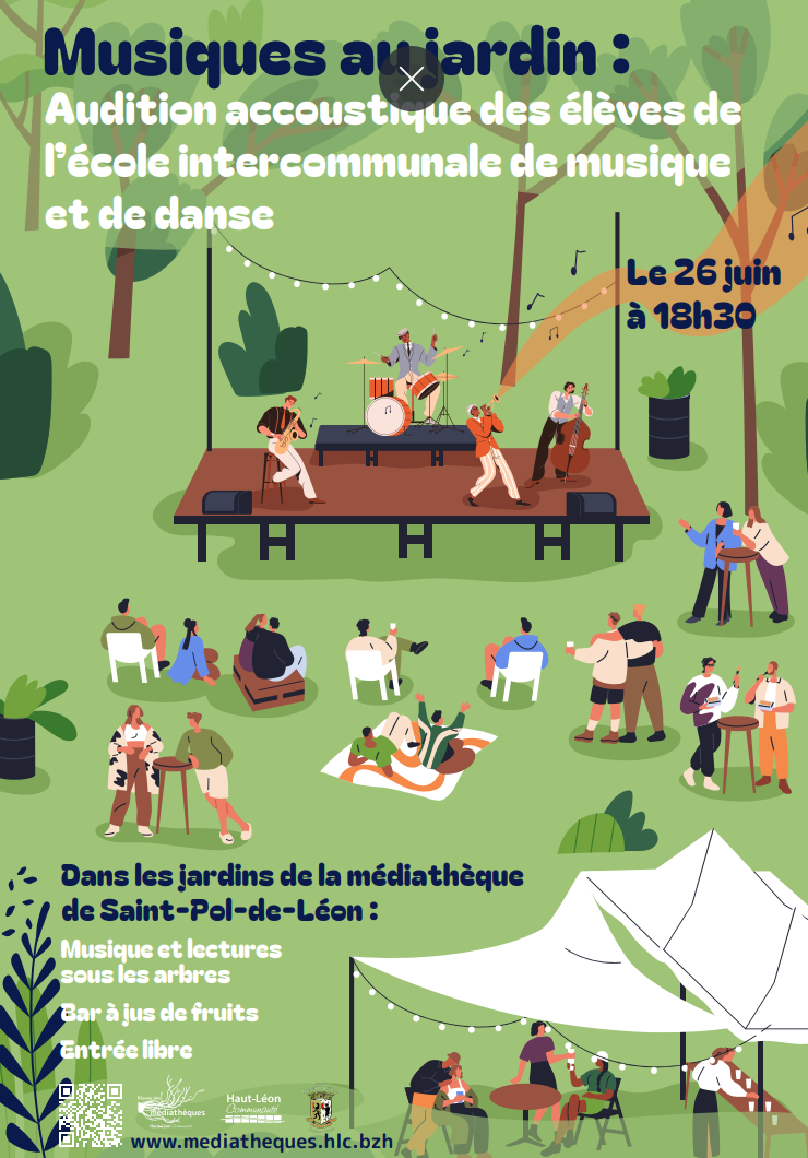 affiche avec personnages écoutant de la musique dans un jardin.