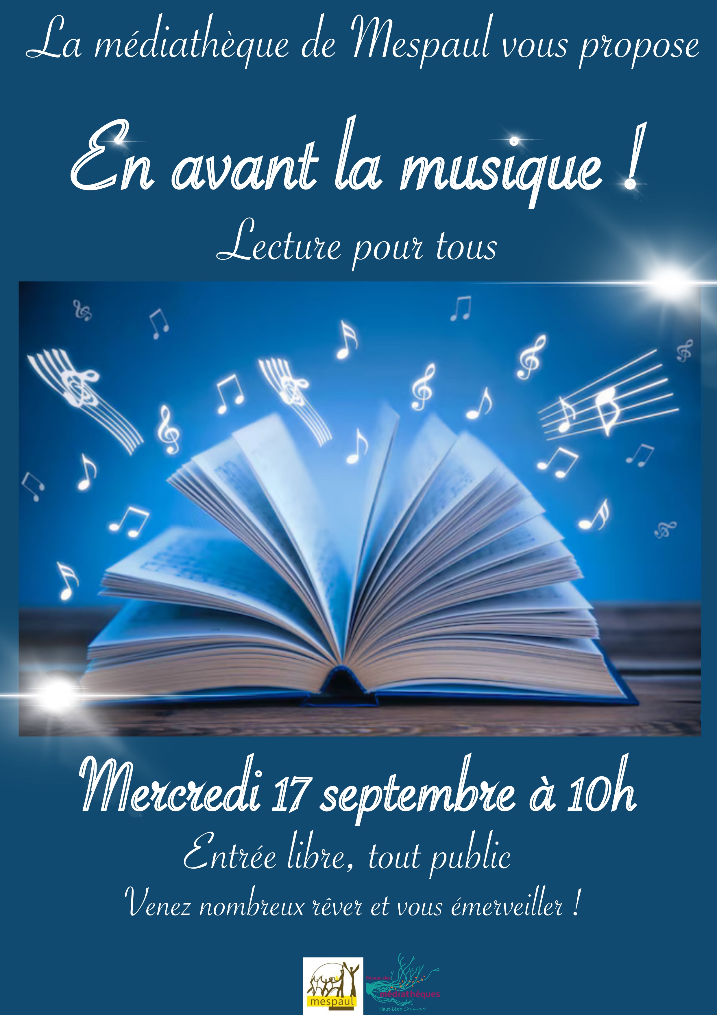 un livre ouvert d'où s'échappent des notes de musique.