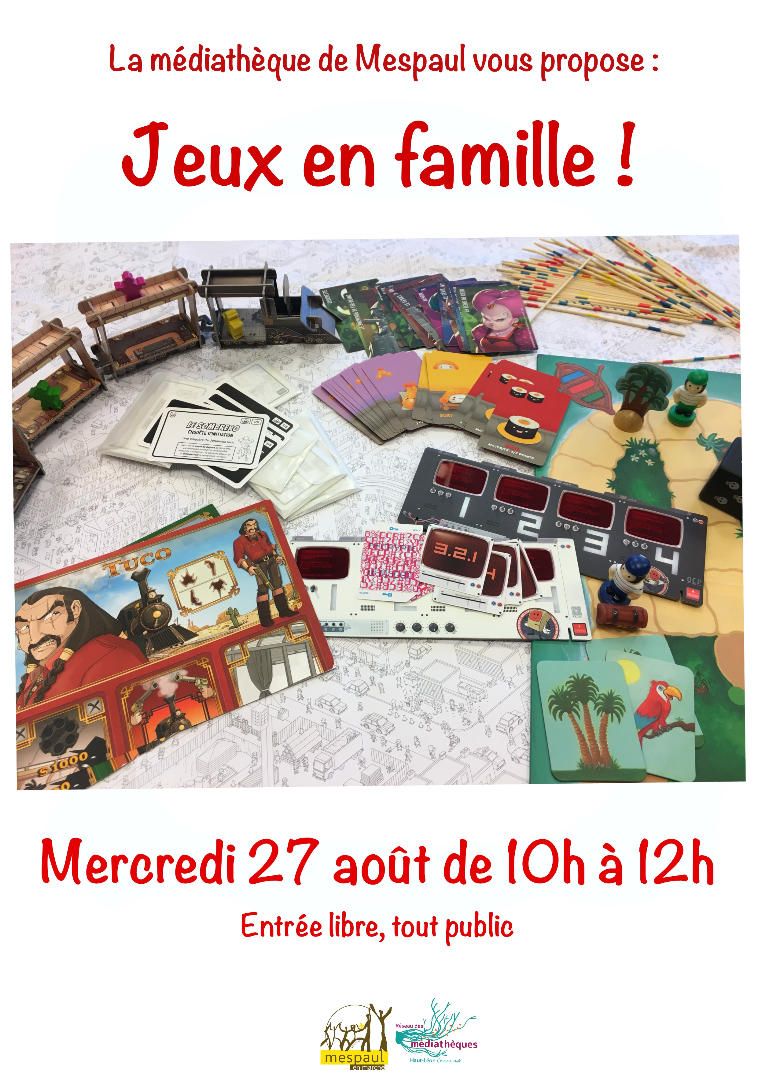 des éléments de jeux de société étalés sur une table (cartes, personnages, éléments de jeu)