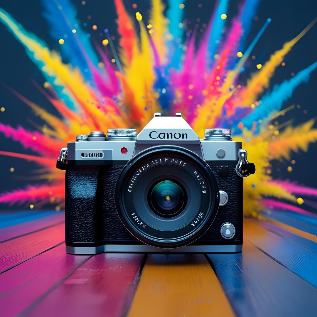 un appareil photo et des couleurs vives en second plan