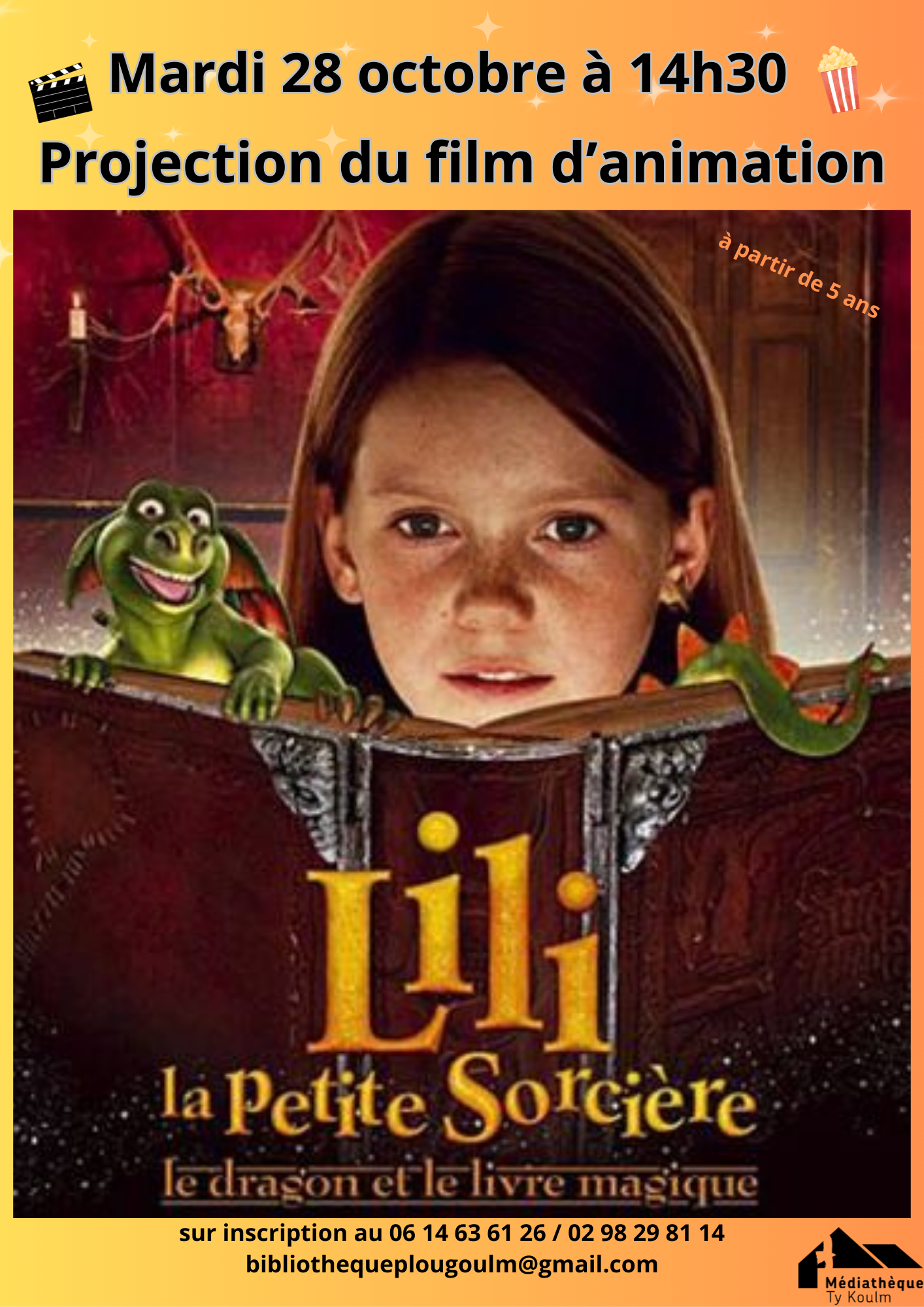 La médiathèque vous invite à la projection du film d'Animation : Lili la petite sorcière, le dragon et le livre.