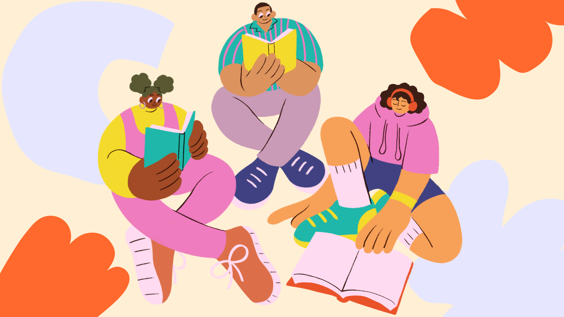 une illustration d'adolescents qui lisent des livres.