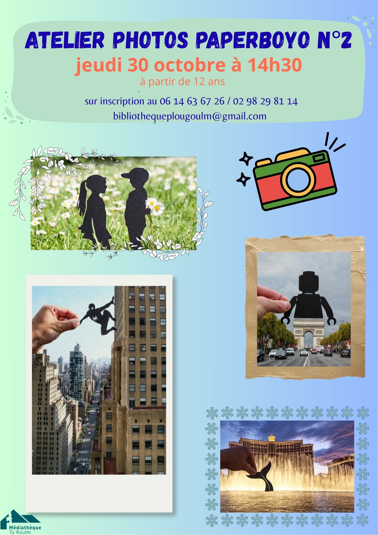 La médiathèque vous propose un atelier photo à la manière de l'artiste Rich McCor aka Paperboyo qui agrémente ses images de petites silhouettes de cartons noirs, détournant ainsi les paysages et autres sujets en leur donnant une touche d'originalité et d'humour.