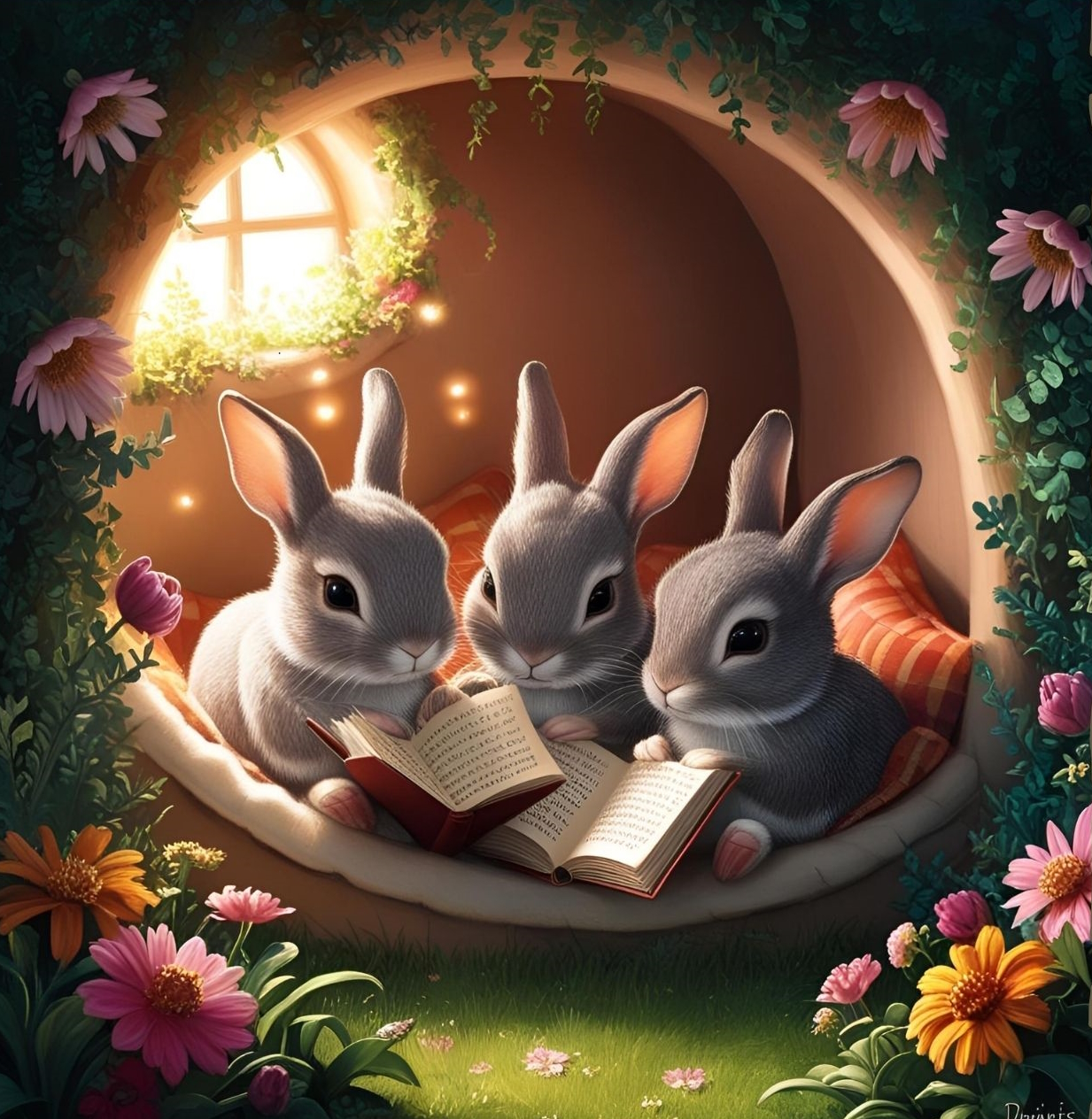 des petits lapins lisent des livres