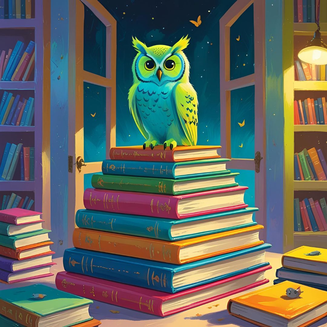 Une chouette fluorescente sur une pile de livres colorés