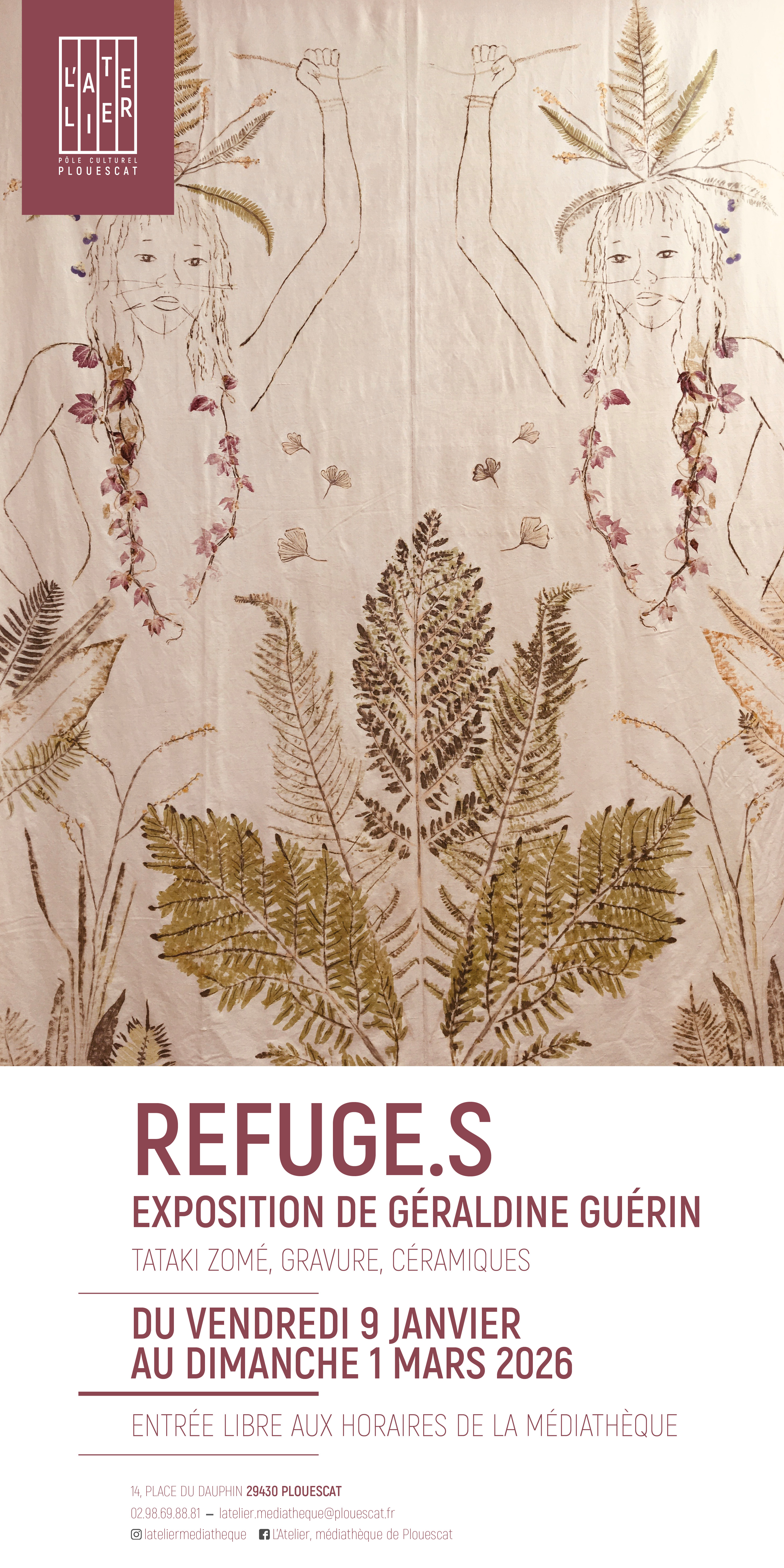 Affiche de l'exposition Refuge de l'artiste Géraldine Guérin à la médiathèque de Plouescat
