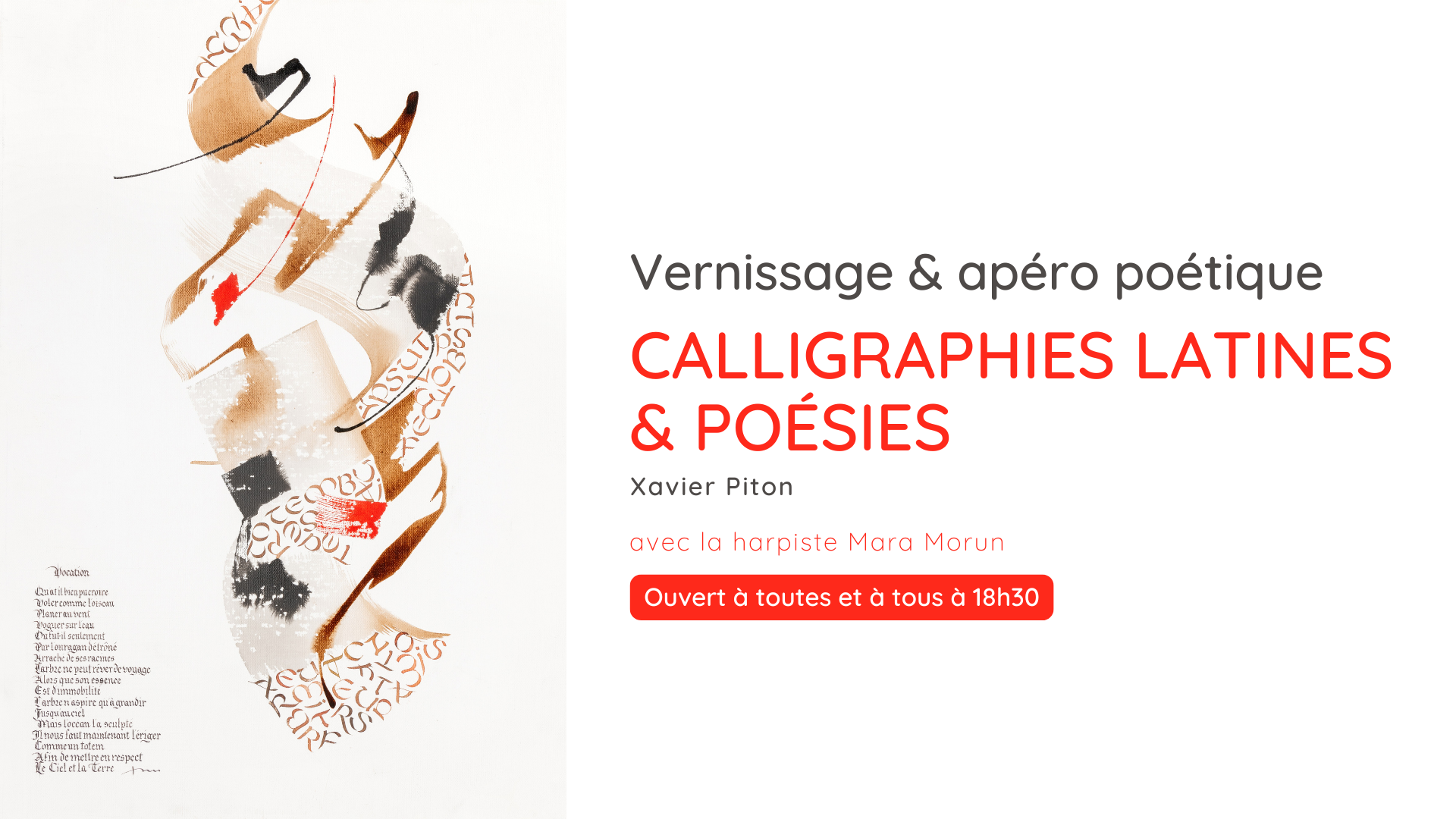 invitation au vernissage et apéro poétique et musical de l'exposition de calligraphie de Xavier Piton
