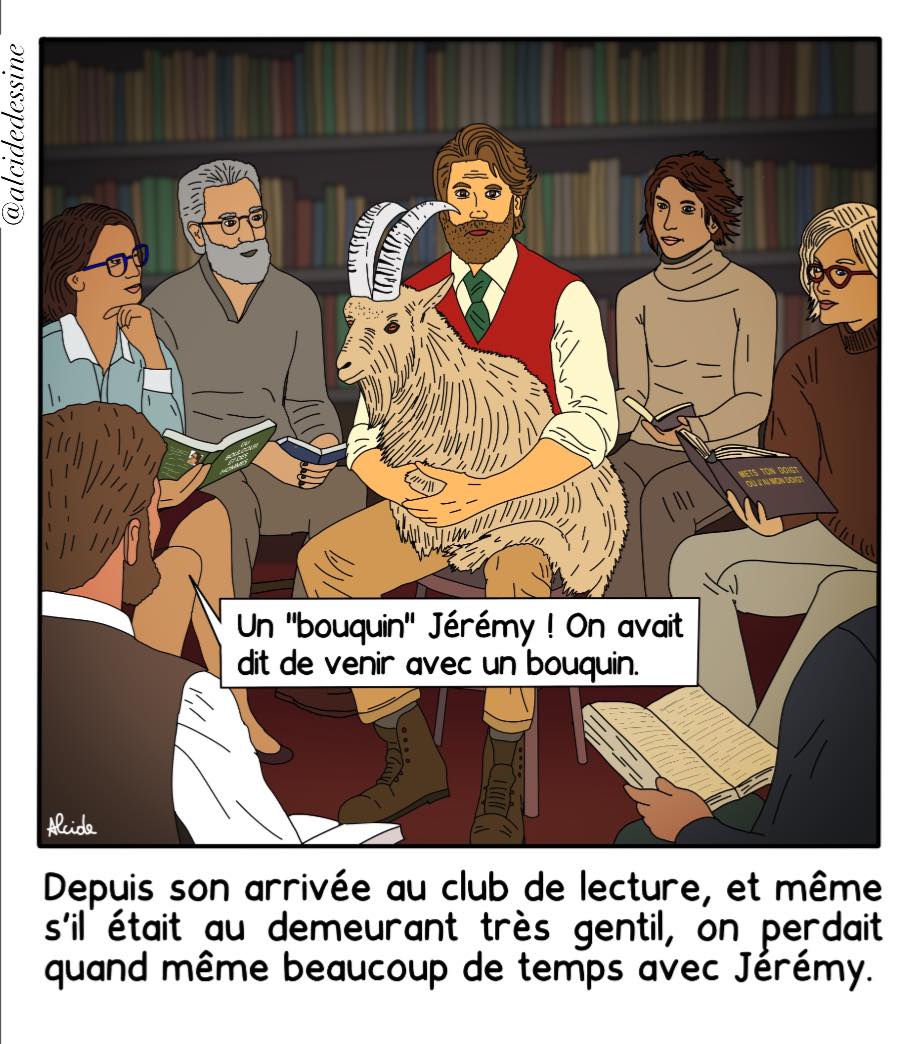illustration : Alcide dessine, lecteur et son bouquetin