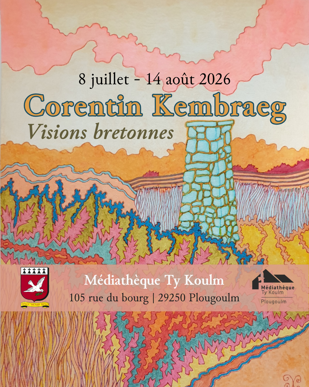 affiche d'un tableau de Corentin Kembraeg avec une cheminée de four à goémon dans la lande