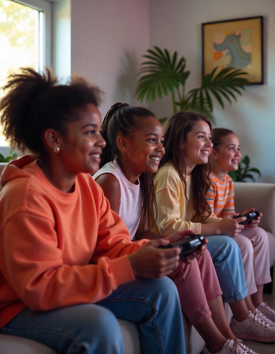 4 jeunes filles jouent à la console