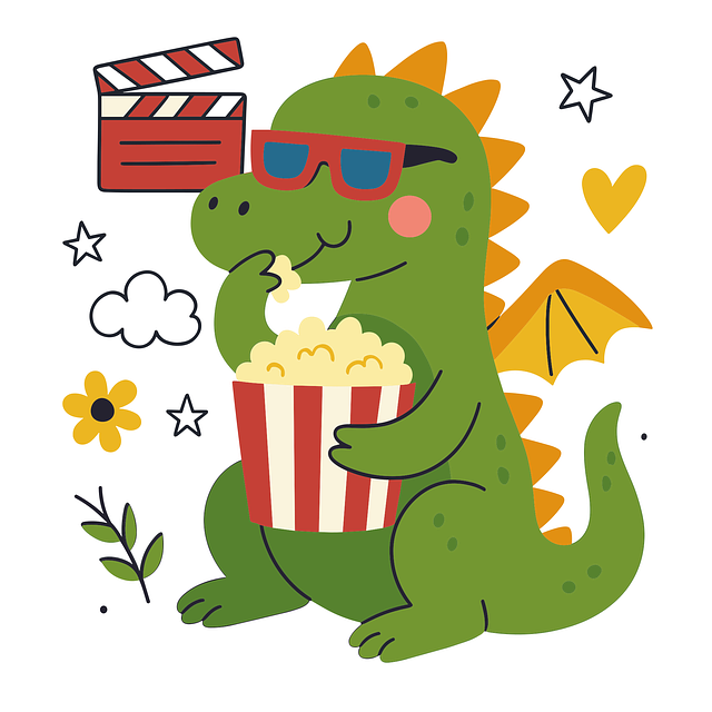 dinosaure mangeant du pop-corn avec des lunettes 3D