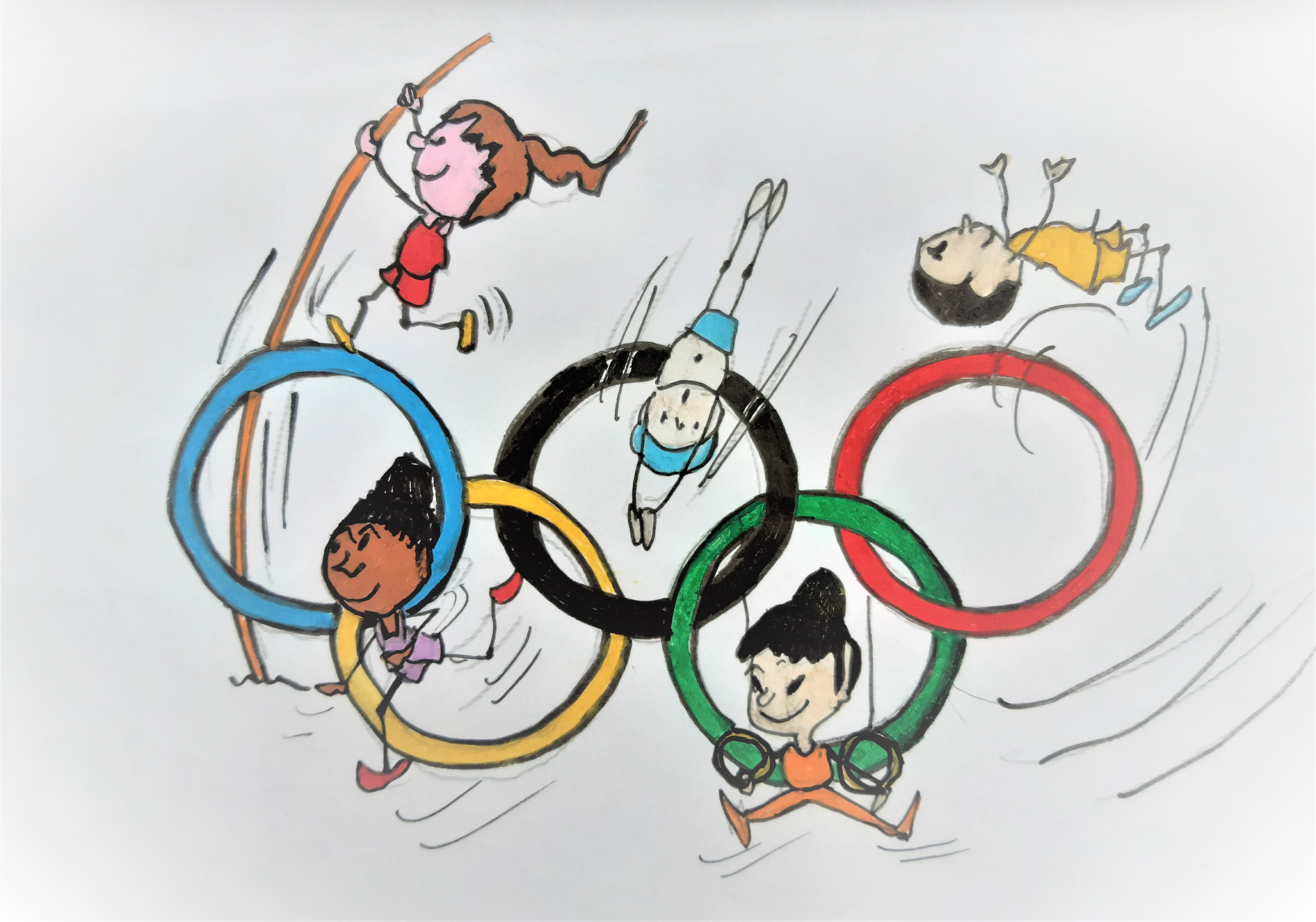 anneaux olympiques avec sportifs dessinés